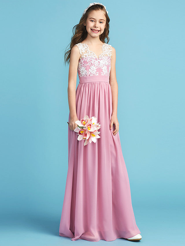 Princess A-Line Queen Anne Floor Length Chiffon Lace Junior Flower Girl Dress With Lace Pleats-BallBride