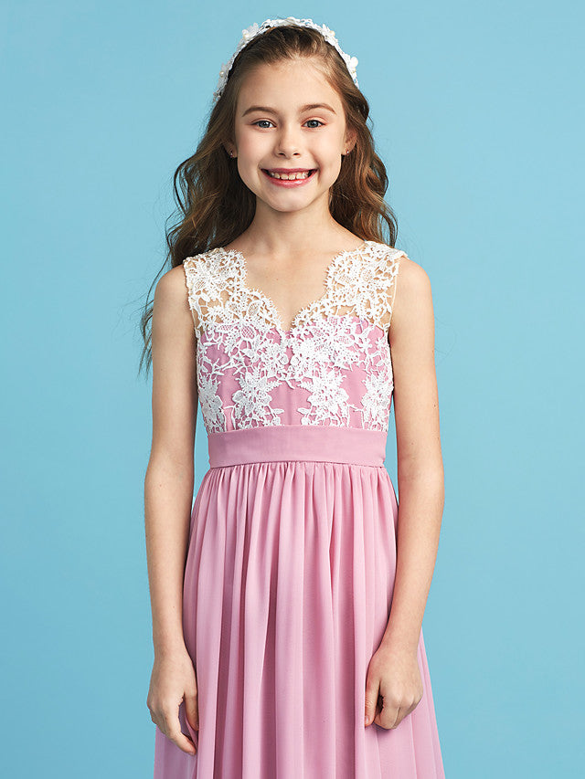 Princess A-Line Queen Anne Floor Length Chiffon Lace Junior Flower Girl Dress With Lace Pleats-BallBride