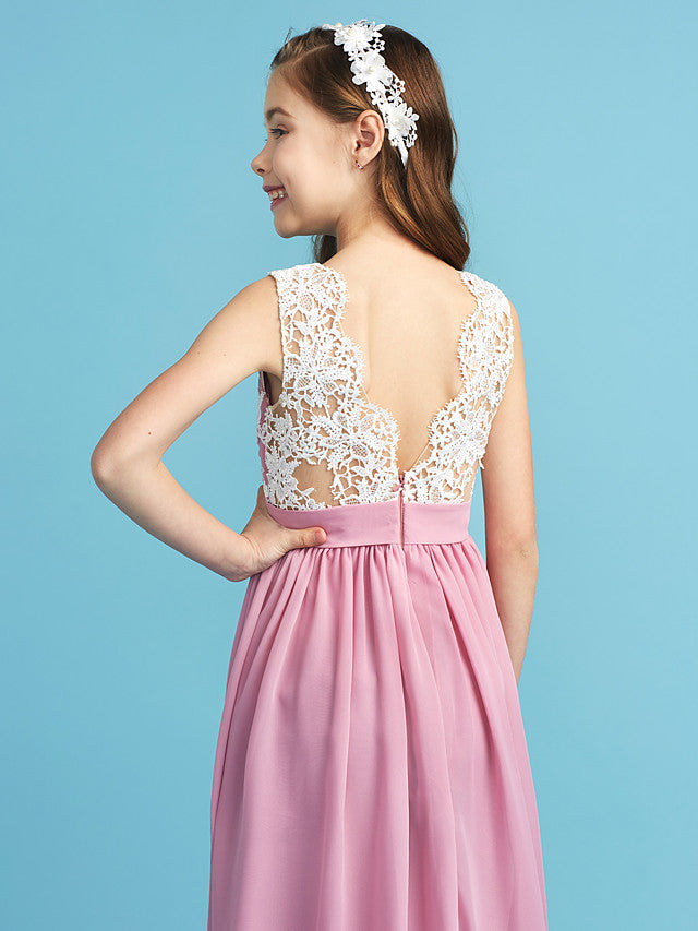 Princess A-Line Queen Anne Floor Length Chiffon Lace Junior Flower Girl Dress With Lace Pleats-BallBride