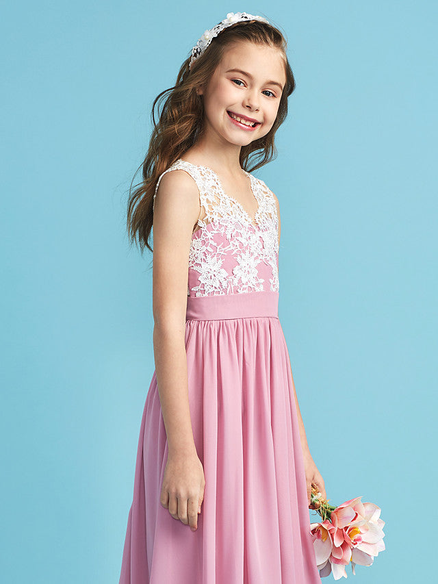 Princess A-Line Queen Anne Floor Length Chiffon Lace Junior Flower Girl Dress With Lace Pleats-BallBride