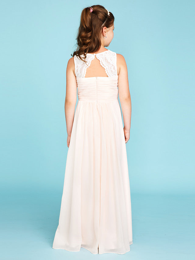 Princess A-Line Strap Floor Length Chiffon Lace Junior Bridesmaid Dress With Ruched Side-Draped for Wedding Party-BallBride
