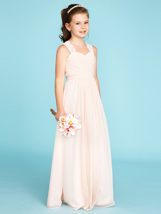 Princess A-Line Strap Floor Length Chiffon Lace Junior Bridesmaid Dress With Ruched Side-Draped for Wedding Party-BallBride