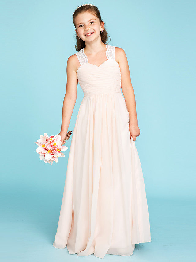 Princess A-Line Strap Floor Length Chiffon Lace Junior Bridesmaid Dress With Ruched Side-Draped for Wedding Party-BallBride