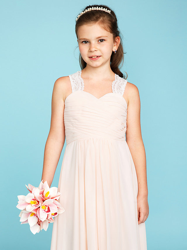 Princess A-Line Strap Floor Length Chiffon Lace Junior Bridesmaid Dress With Ruched Side-Draped for Wedding Party-BallBride