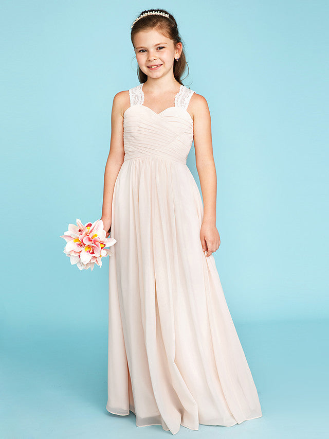 Princess A-Line Strap Floor Length Chiffon Lace Junior Bridesmaid Dress With Ruched Side-Draped for Wedding Party-BallBride