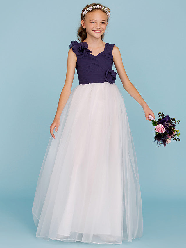 Princess A-Line Straps Floor Length Chiffon/Tulle Junior Bridesmaid Dress With Criss Cross/Ruched/Flower/Color Block/Floral/Wedding Party-BallBride