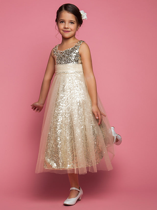 Princess A-Line Tea Length Tulle Sleeveless Jewel Neck Dress with Ruched Sequin-BallBride