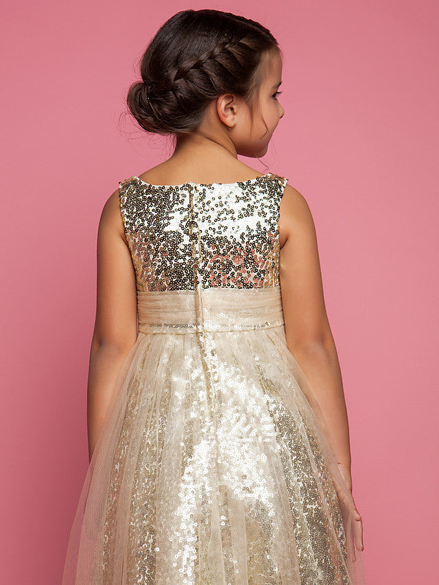 Princess A-Line Tea Length Tulle Sleeveless Jewel Neck Dress with Ruched Sequin-BallBride