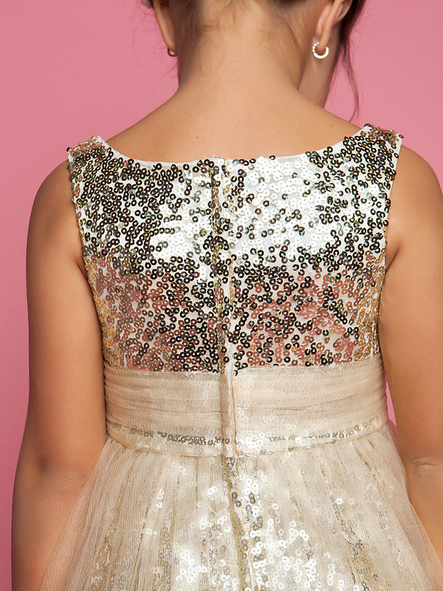 Princess A-Line Tea Length Tulle Sleeveless Jewel Neck Dress with Ruched Sequin-BallBride