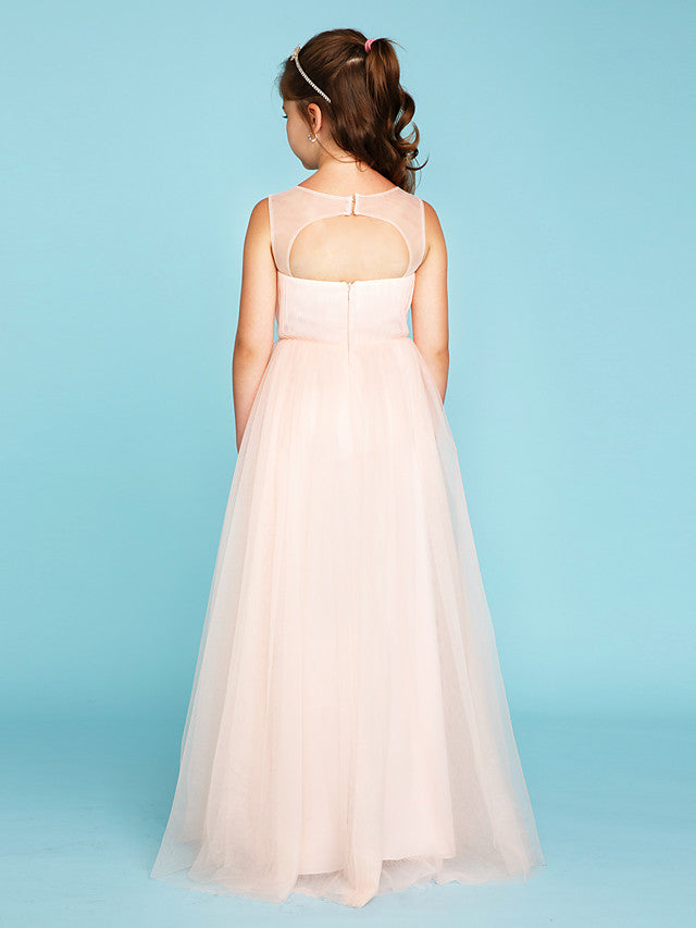 Princess A-Line V Neck Floor Length Tulle Junior Flower Girl Dress with Criss Cross Crystals Wedding Party-BallBride