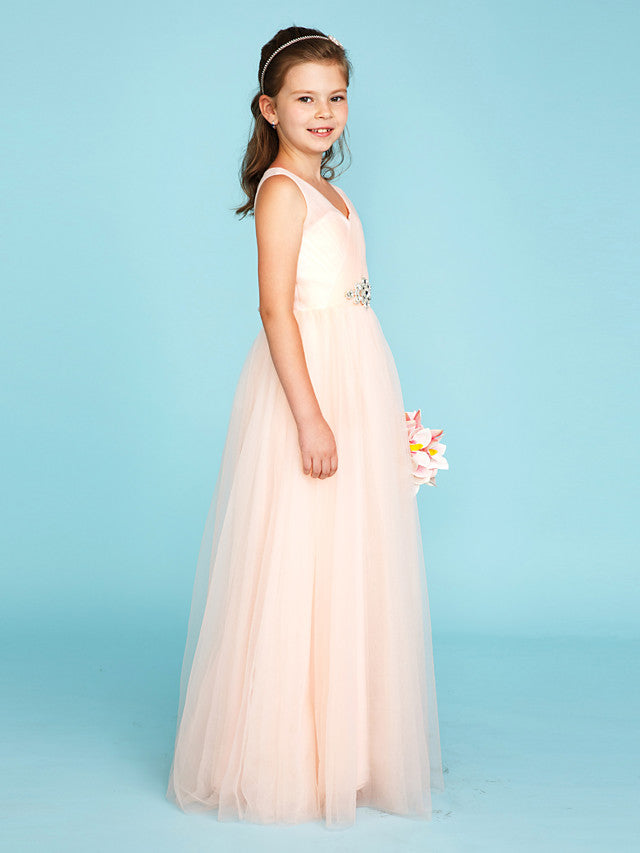 Princess A-Line V Neck Floor Length Tulle Junior Flower Girl Dress with Criss Cross Crystals Wedding Party-BallBride