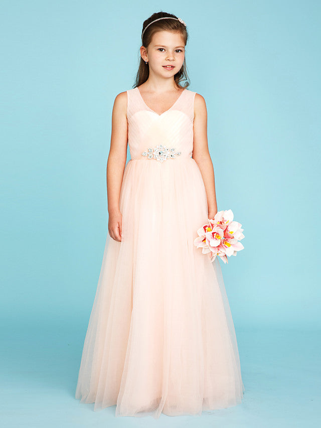 Princess A-Line V Neck Floor Length Tulle Junior Flower Girl Dress with Criss Cross Crystals Wedding Party-BallBride