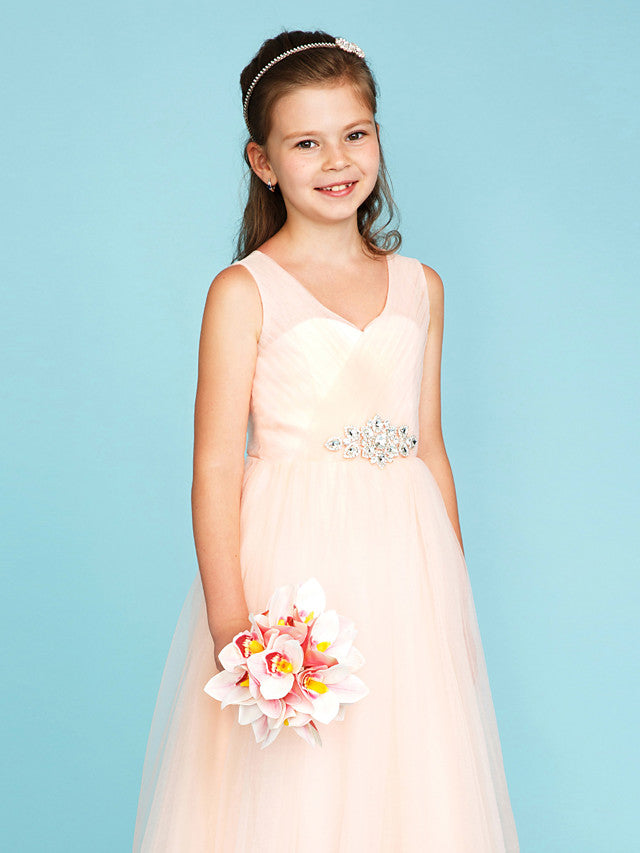 Princess A-Line V Neck Floor Length Tulle Junior Flower Girl Dress with Criss Cross Crystals Wedding Party-BallBride