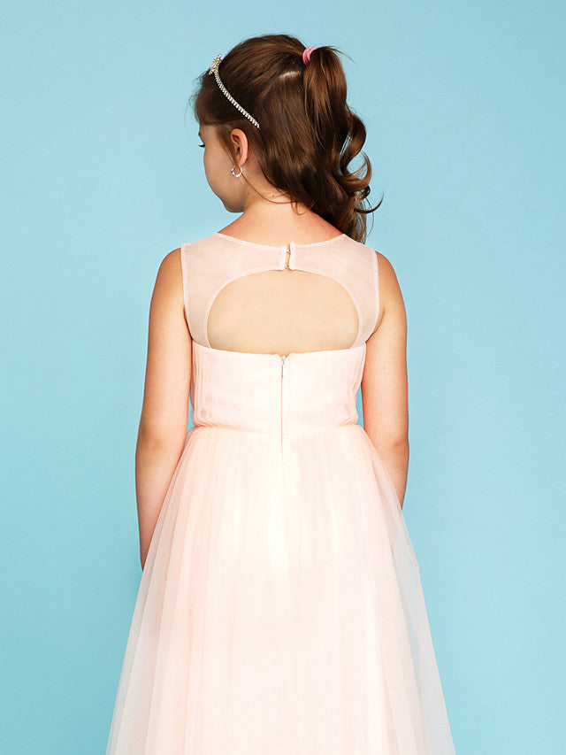 Princess A-Line V Neck Floor Length Tulle Junior Flower Girl Dress with Criss Cross Crystals Wedding Party-BallBride