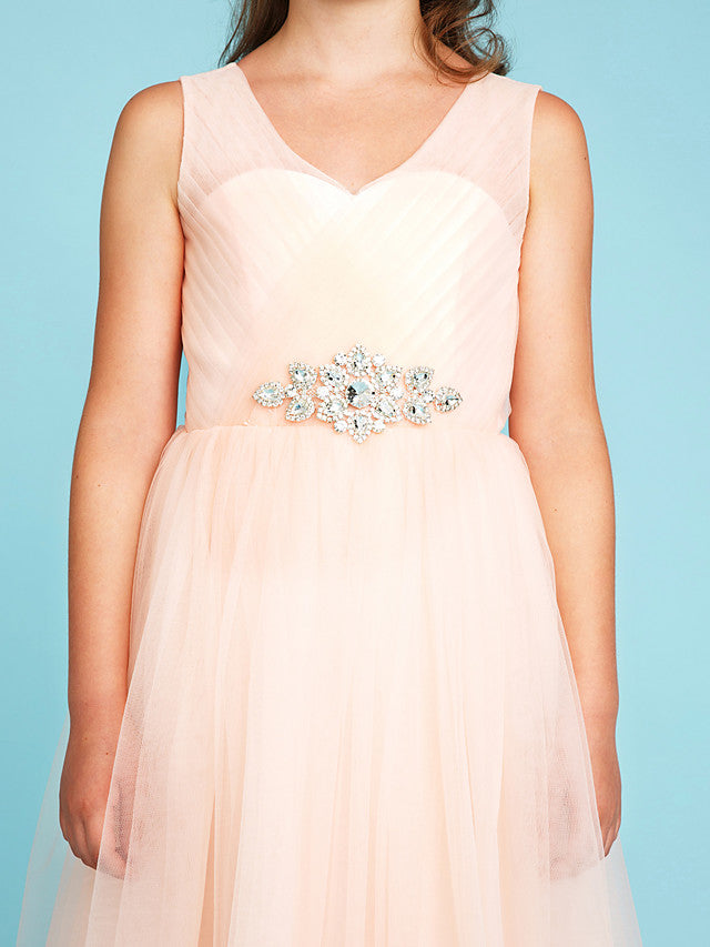 Princess A-Line V Neck Floor Length Tulle Junior Flower Girl Dress with Criss Cross Crystals Wedding Party-BallBride