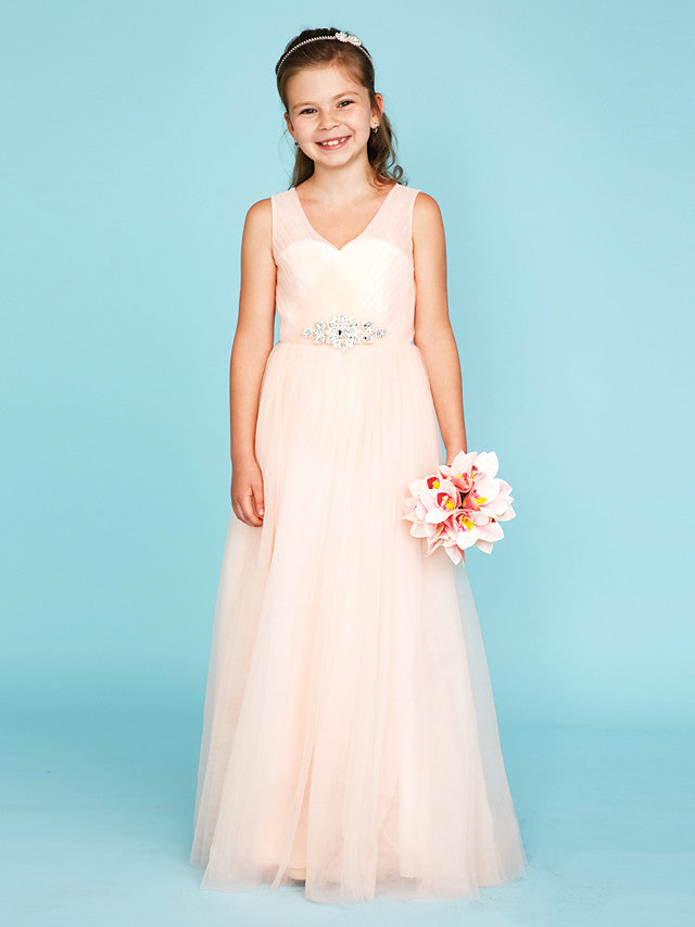 Princess A-Line V Neck Floor Length Tulle Junior Flower Girl Dress with Criss Cross Crystals Wedding Party-BallBride
