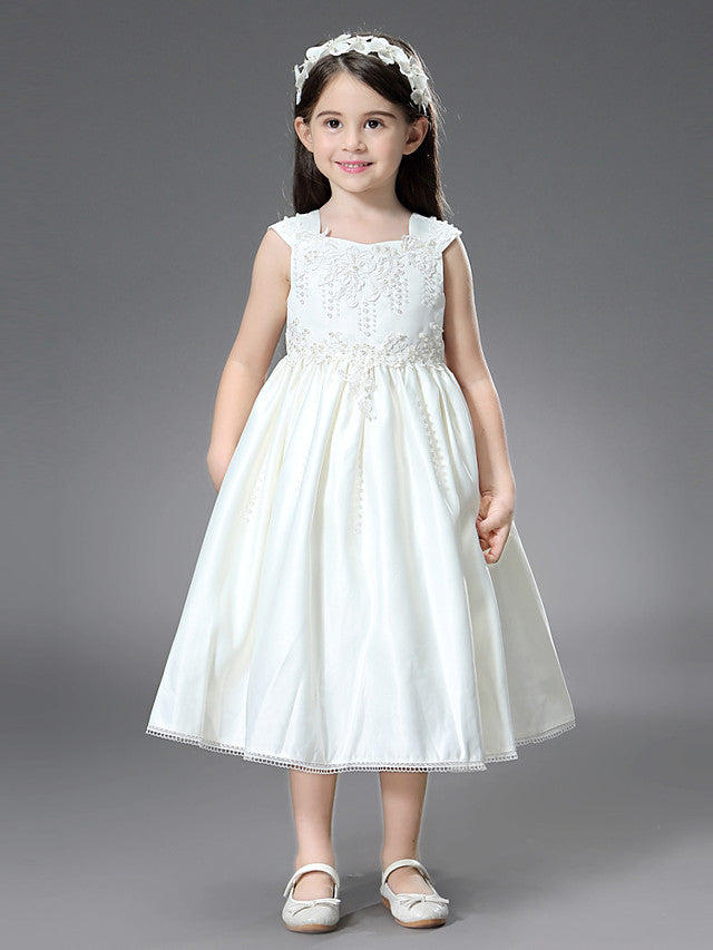 Princess Ball Gown Dress with Belt and Beaded Appliques for Flower Girls-BallBride