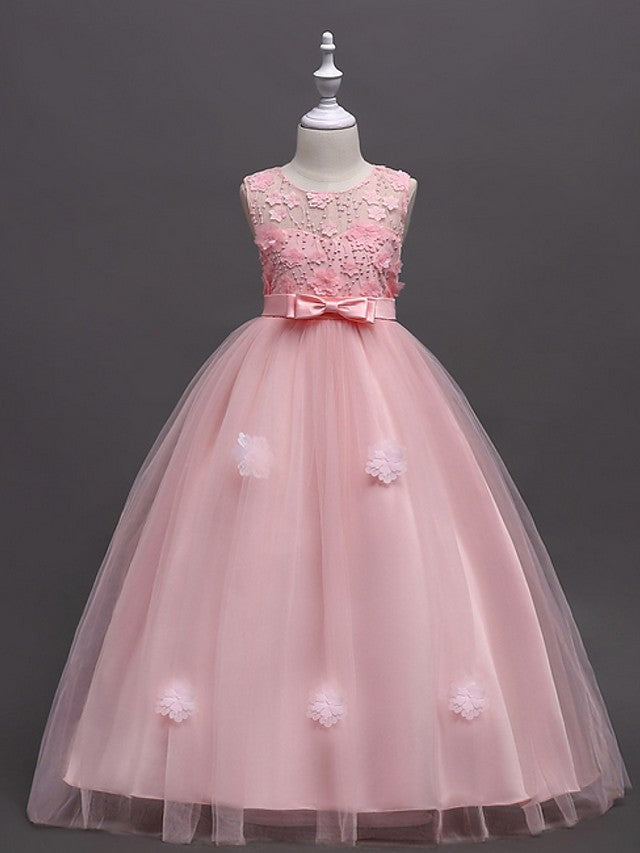 Princess Ball Gown Sleeveless Jewel Neck Flower Girl Dresses with Tulle Sash Ribbon Bow Appliques-BallBride