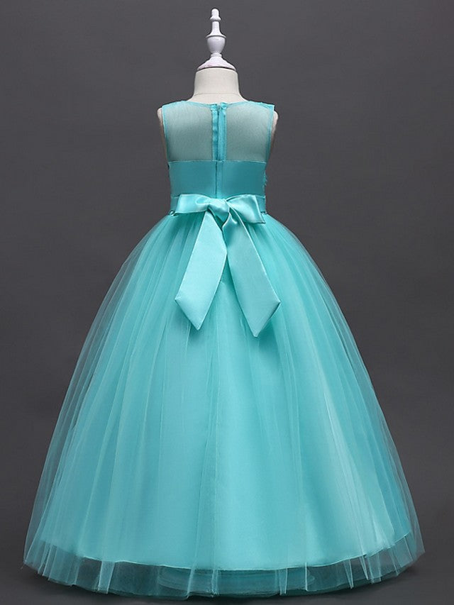 Princess Ball Gown Sleeveless Jewel Neck Flower Girl Dresses with Tulle Sash Ribbon Bow Appliques-BallBride
