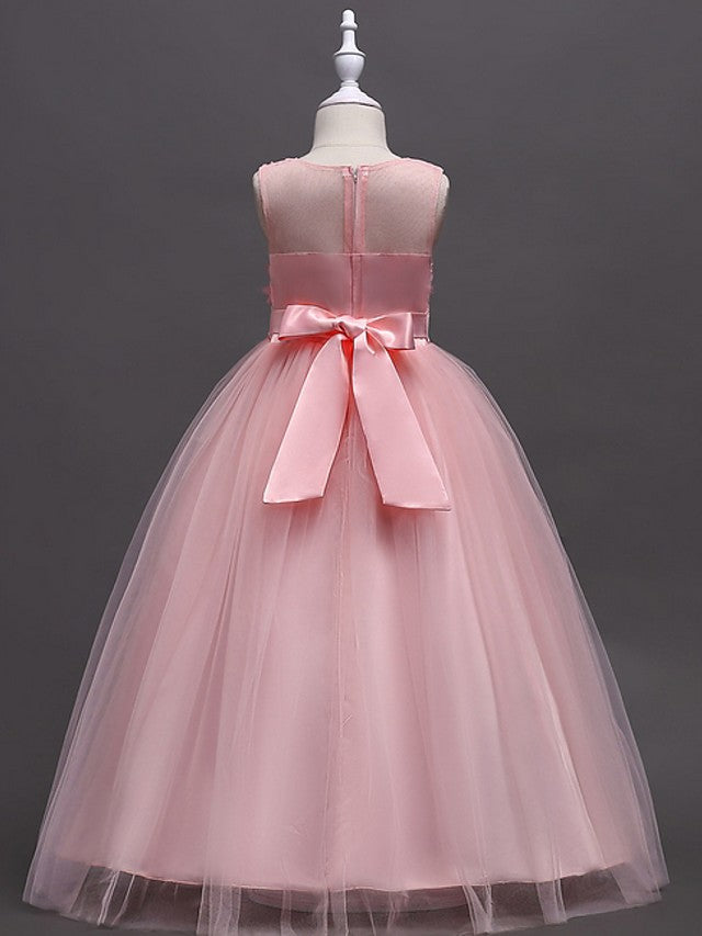Princess Ball Gown Sleeveless Jewel Neck Flower Girl Dresses with Tulle Sash Ribbon Bow Appliques-BallBride