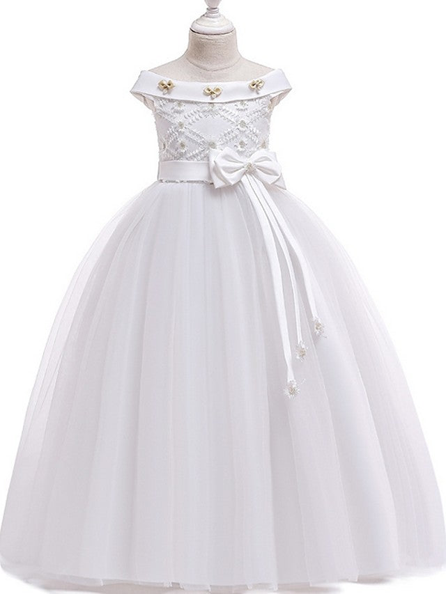 Princess Bateau Floor Length Cotton Flower Girl Dress with Bow Pearls Appliques-BallBride