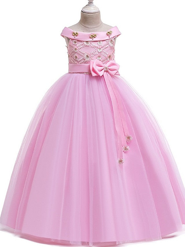 Princess Bateau Floor Length Cotton Flower Girl Dress with Bow Pearls Appliques-BallBride