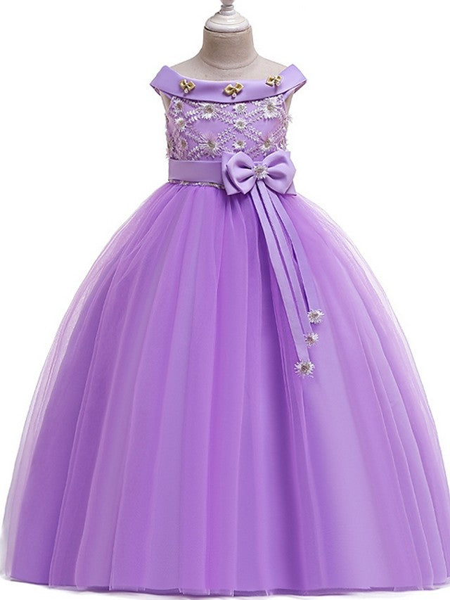Princess Bateau Floor Length Cotton Flower Girl Dress with Bow Pearls Appliques-BallBride