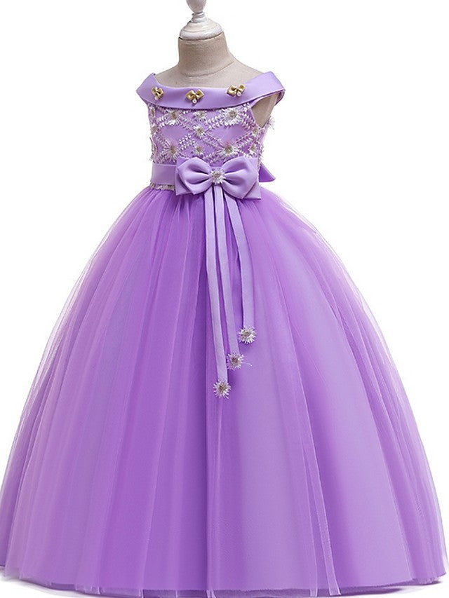 Princess Bateau Floor Length Cotton Flower Girl Dress with Bow Pearls Appliques-BallBride