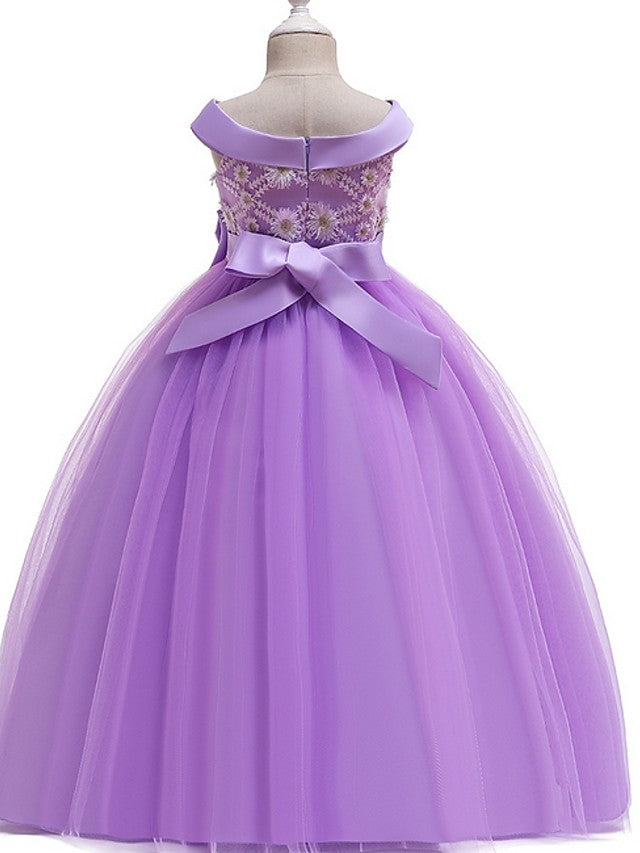Princess Bateau Floor Length Cotton Flower Girl Dress with Bow Pearls Appliques-BallBride