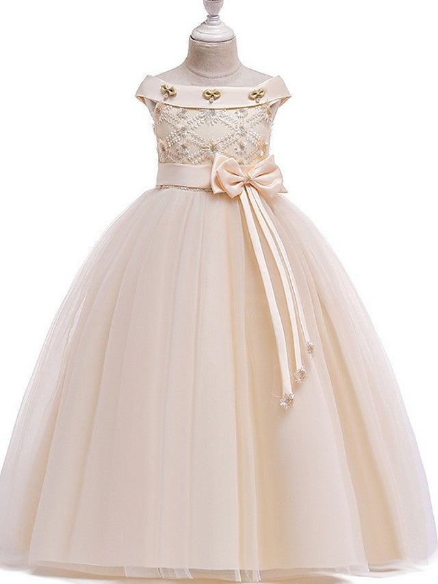 Princess Bateau Floor Length Cotton Flower Girl Dress with Bow Pearls Appliques-BallBride