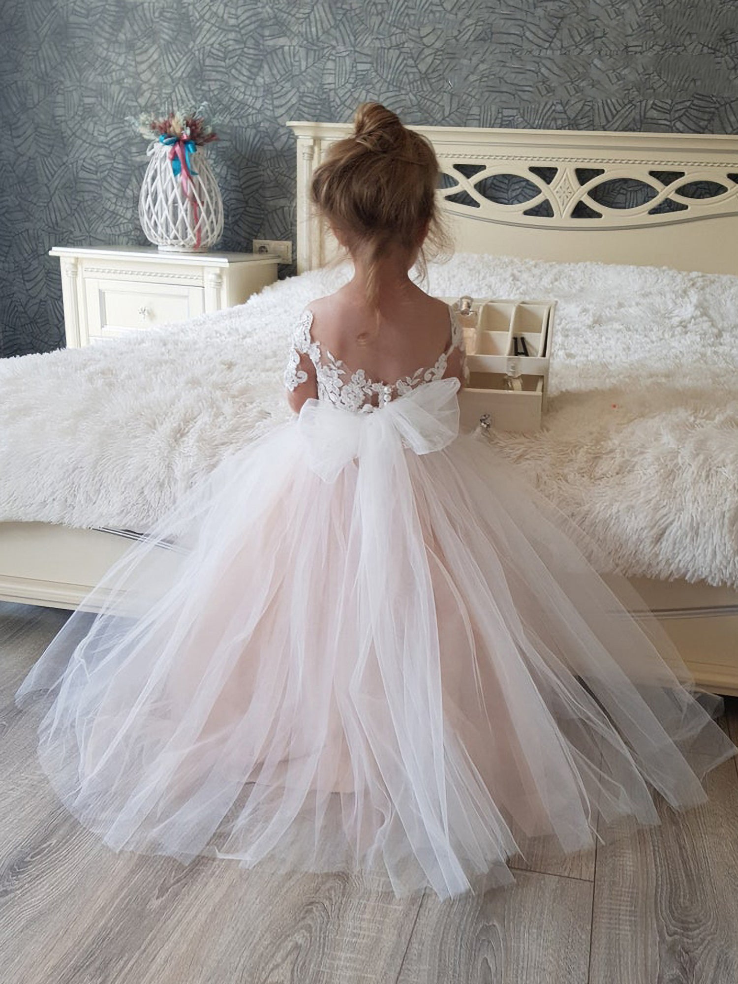 Princess Boho Flower Girl Dresses with Appliques Bow and 3/4-Length Sleeves-BallBride