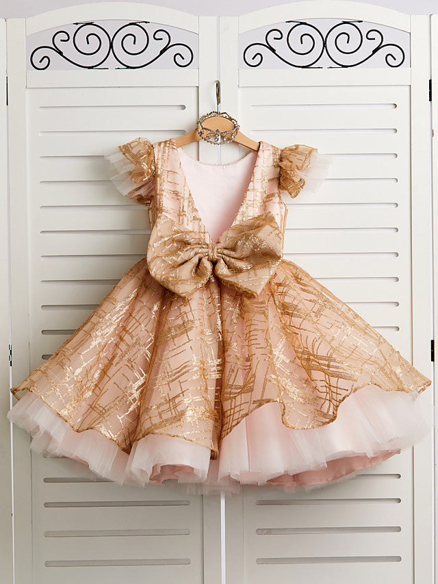 Princess Cap Sleeve Jewel Knee Length Flower Girl Dress in Tulle with Bow-BallBride