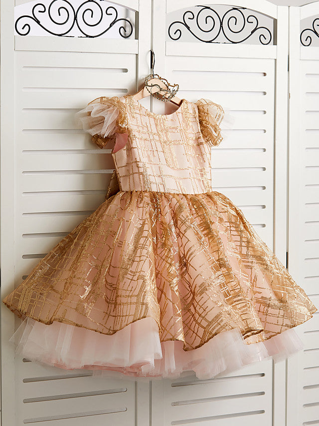Princess Cap Sleeve Jewel Knee Length Flower Girl Dress in Tulle with Bow-BallBride