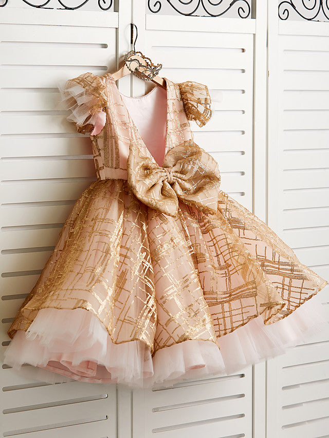 Princess Cap Sleeve Jewel Knee Length Flower Girl Dress in Tulle with Bow-BallBride