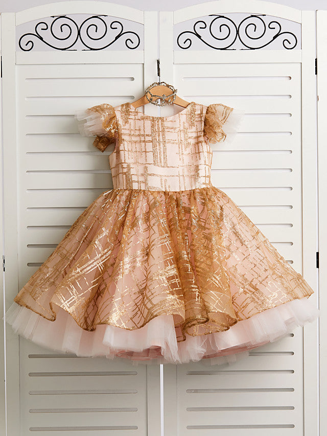 Princess Cap Sleeve Jewel Knee Length Flower Girl Dress in Tulle with Bow-BallBride