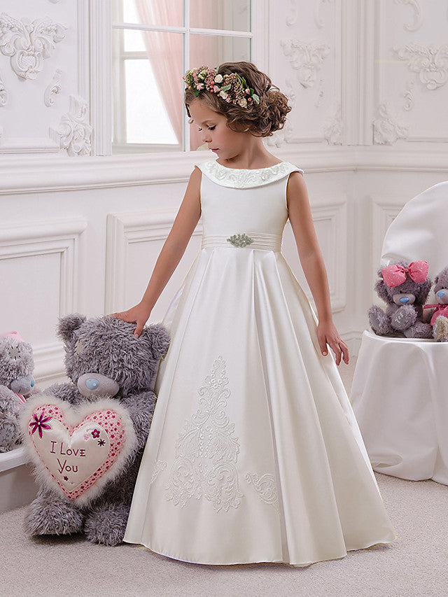 Princess Floor Length Flower Girl Dresses with Crystal Appliques-BallBride