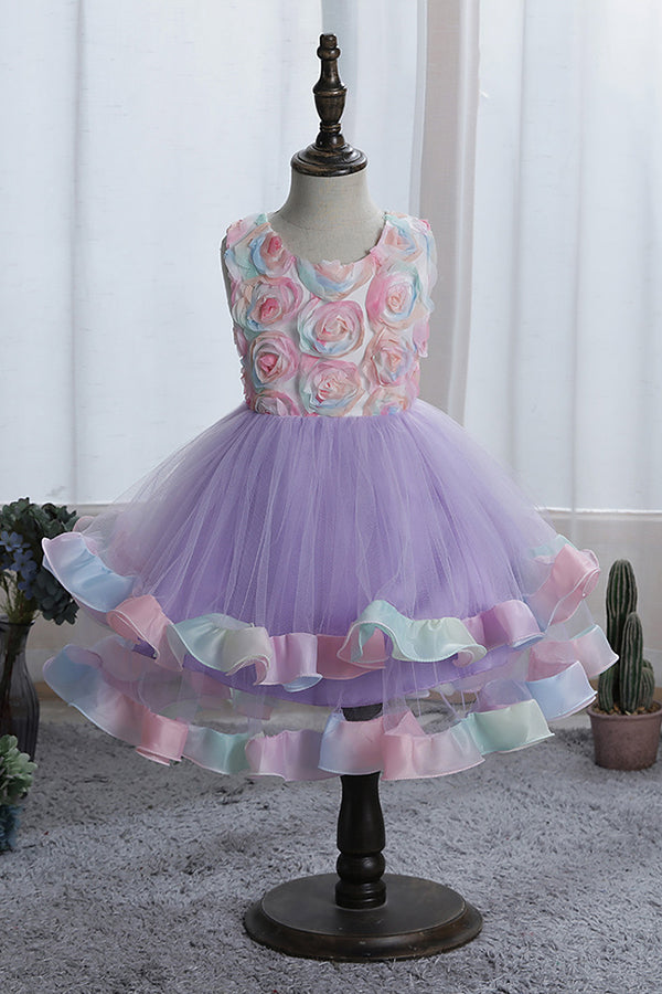 Princess Floral Jewel Sleeveless Flower Girl Dress with Tulle Appliques-BallBride