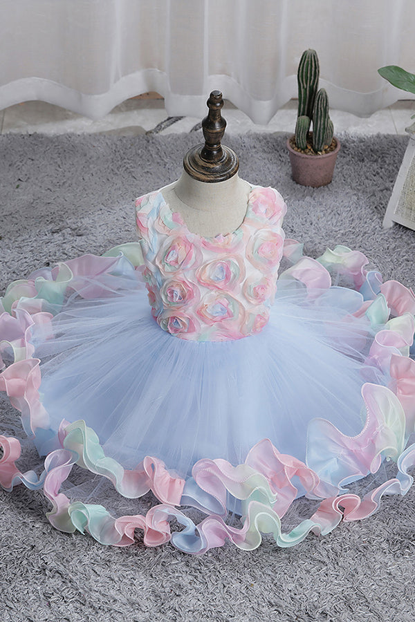 Princess Floral Jewel Sleeveless Flower Girl Dress with Tulle Appliques-BallBride