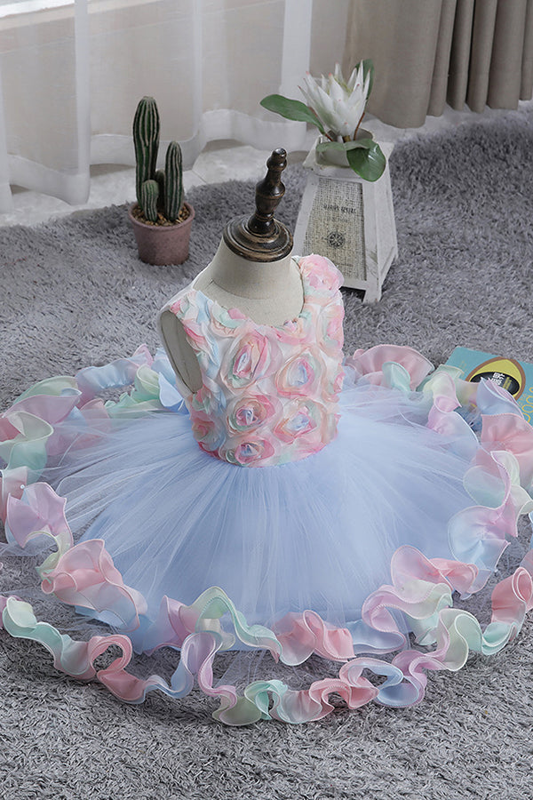 Princess Floral Jewel Sleeveless Flower Girl Dress with Tulle Appliques-BallBride