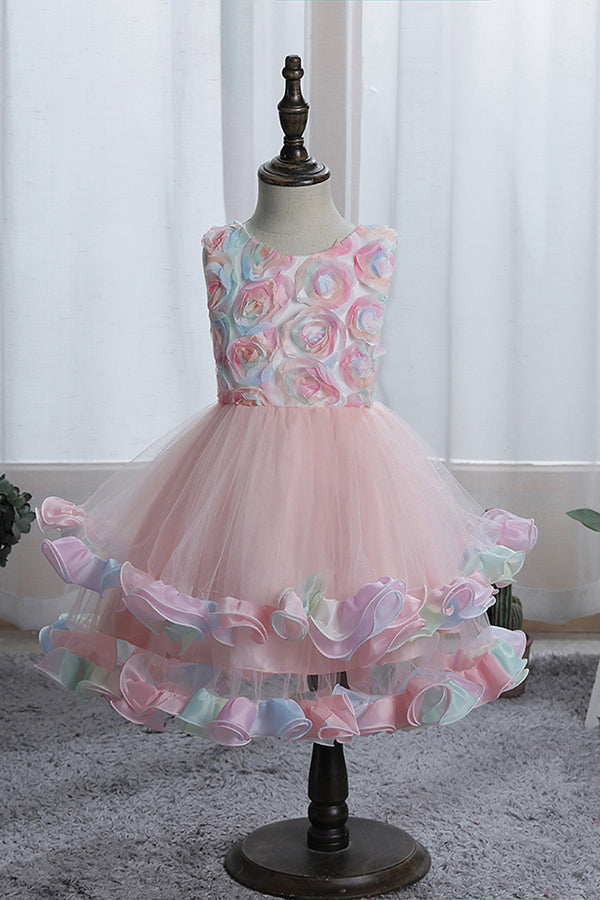 Princess Floral Jewel Sleeveless Flower Girl Dress with Tulle Appliques-BallBride