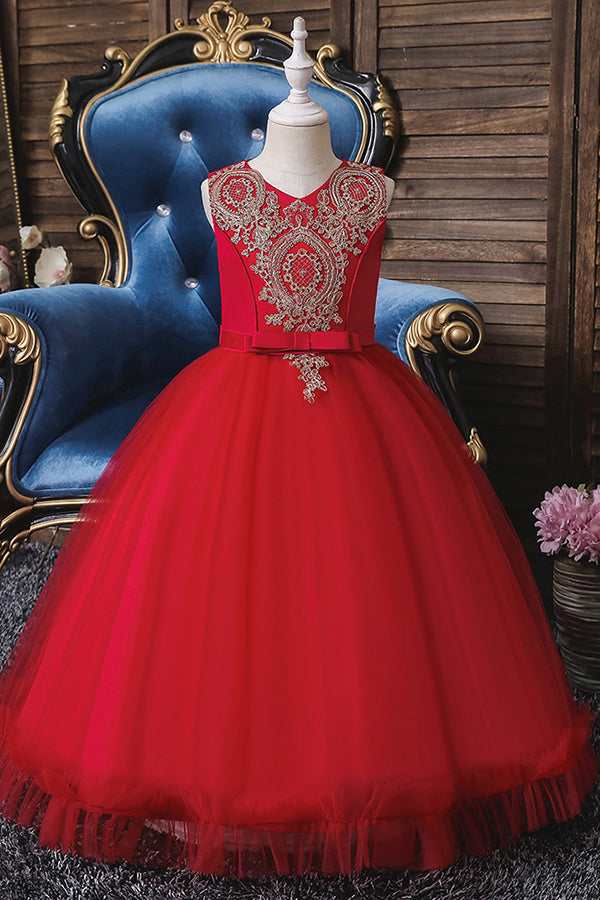 Princess Flower Girl Dress with Appliques - Sleeveless Tea Length-BallBride
