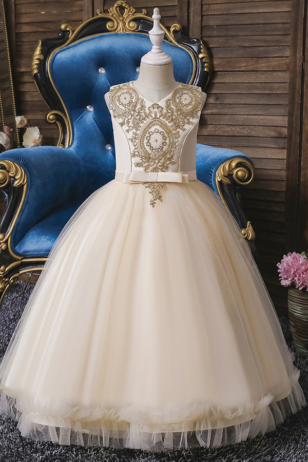 Princess Flower Girl Dress with Appliques - Sleeveless Tea Length-BallBride