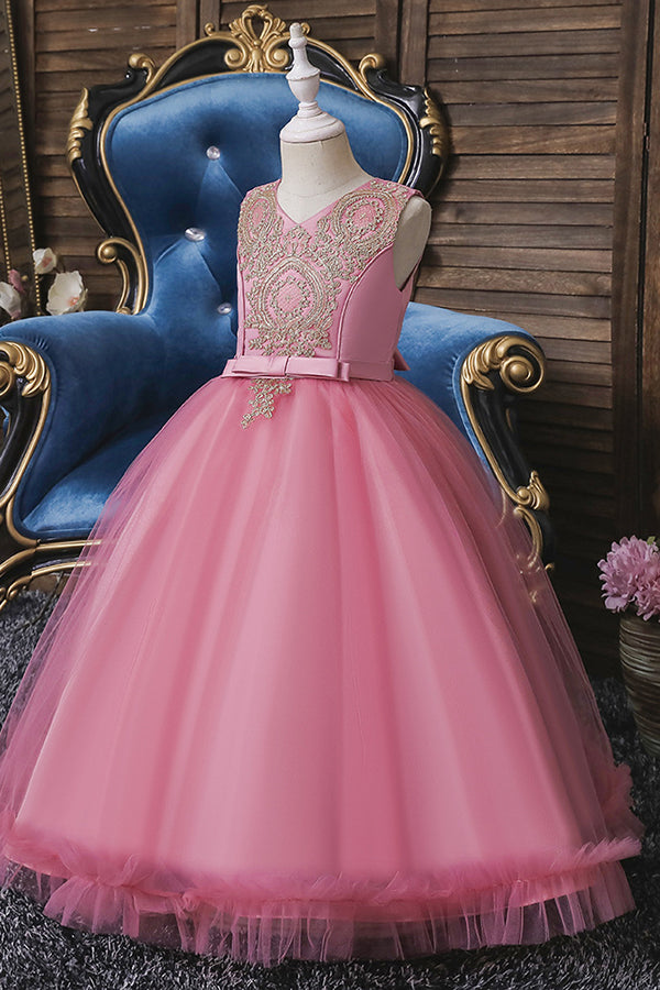 Princess Flower Girl Dress with Appliques - Sleeveless Tea Length-BallBride
