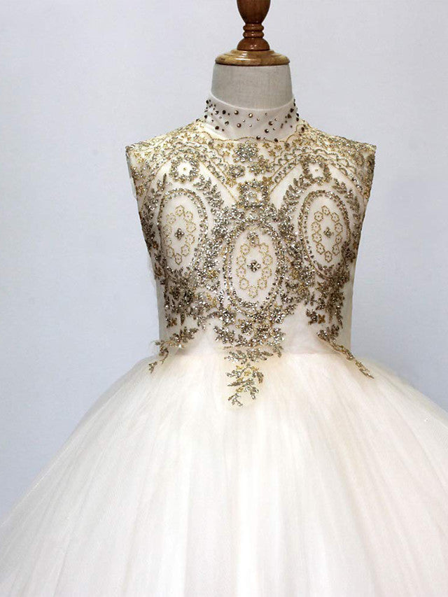 Princess High Neck Tulle Flower Girl Dress w/ Crystals & Rhinestones-BallBride