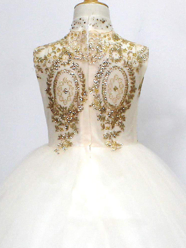 Princess High Neck Tulle Flower Girl Dress w/ Crystals & Rhinestones-BallBride