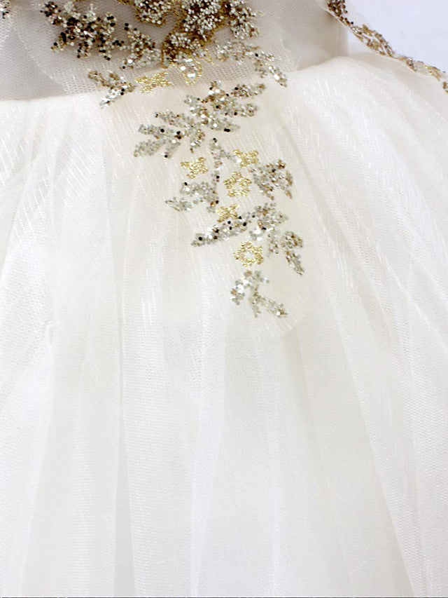 Princess High Neck Tulle Flower Girl Dress w/ Crystals & Rhinestones-BallBride