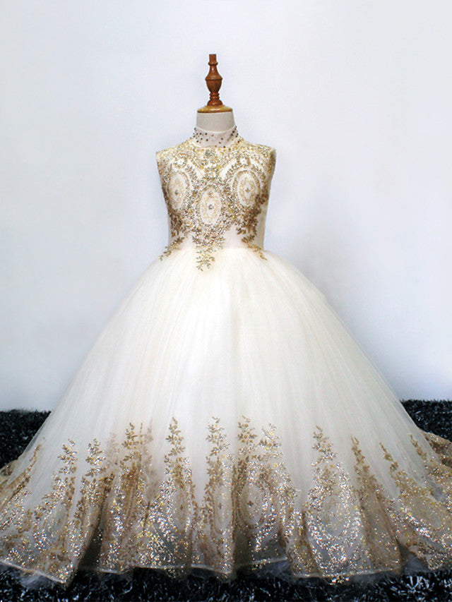 Princess High Neck Tulle Flower Girl Dress w/ Crystals & Rhinestones-BallBride