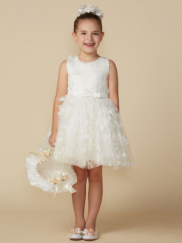 Princess Jewel Lace Sleeveless Flower Girl Dress with Belt-BallBride