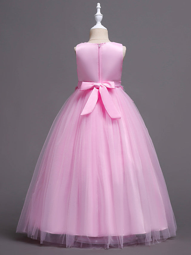 Princess Lace Print Tulle Sleeveless Floor Length Flower Girl Dresses-BallBride