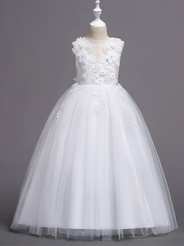 Princess Lace Print Tulle Sleeveless Floor Length Flower Girl Dresses-BallBride